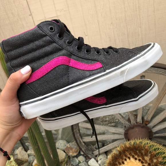 black and pink high top vans